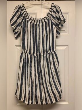 New York & Company Navy and White Striped Off-Shoulder Midi Dress